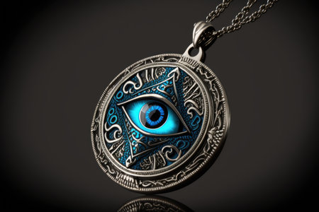 evil eye amulet, engraved with protective symbols, hanging from silver chain, created with generative aiの素材