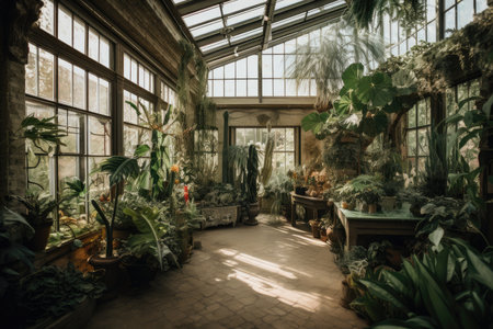 greenhouse filled with lush tropical plants and palms, perfect for hot summer days, created with generative aiの素材