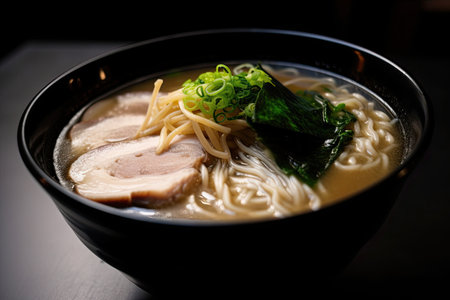 close-up of steamy bowl of tonkotsu ramen, with swirls of fragrant broth and noodles, created with generative aiの素材