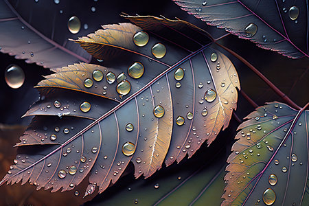 close-up of fallen leaves with dew drops on their surface, created with generative aiの素材