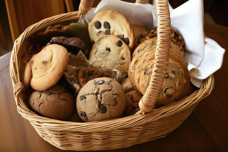 basket of baked goods, ready to be enjoyed by friends and family, created with generative aiの素材