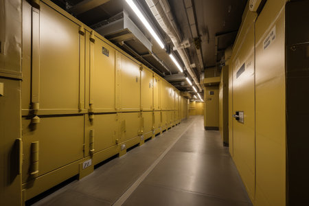 nuclear waste storage bunker, with floor-to-ceiling barricades and secure entry, created with generative aiの素材