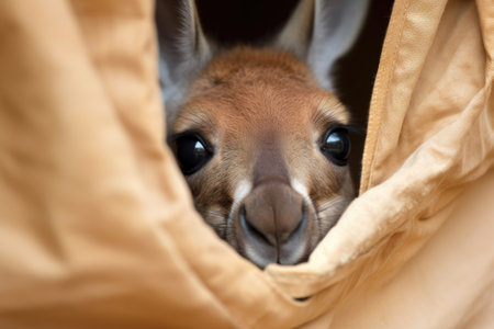 cute baby kangaroo peeking out of its mothers pouch, with curious and adorable face visible, created with generative aiの素材