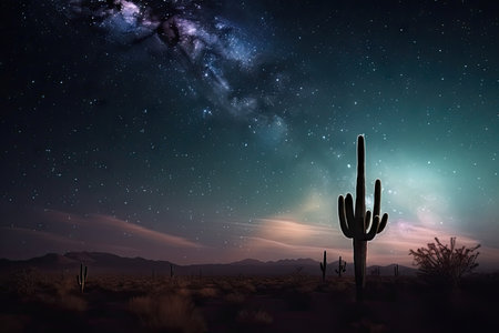 night sky with glittering stars and the silhouette of a cactus on a desert landscape, created with generative aiの素材