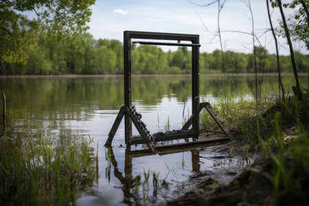 metal detector frame with water and greenery in the background, created with generative aiの素材