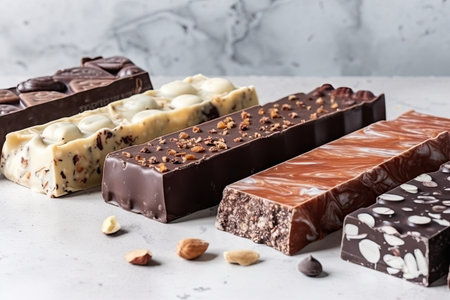 assortment of gourmet chocolate bars on marble countertop, created with generative aiの素材