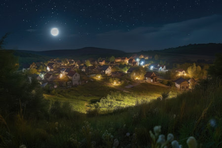 harvest moon, shining down on a sleeping village, with distant stars visible in the night sky, created with generative aiの素材