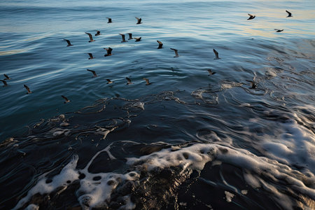 oil slick spreading across the surface of the ocean, with seagulls hovering nearby, created with generative aiの素材