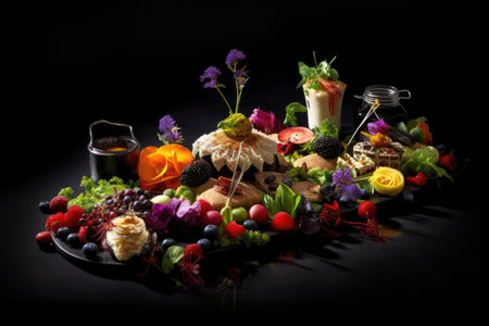 food presentation, with beautifully arranged food on a black background, created with generative aiの素材