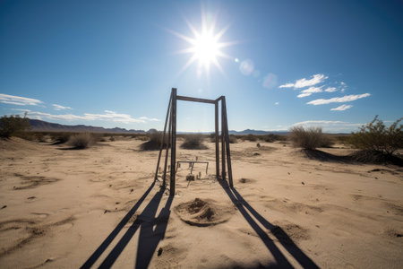 metal detector frame in desert, with the sun shining overhead, created with generative aiの素材