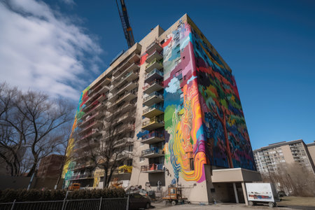 high-rise building, with graffiti artist creating colorful mural on exterior wall, created with generative aiの素材