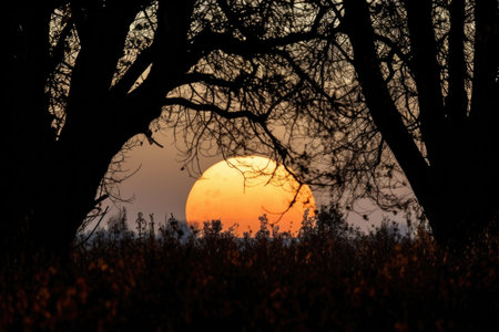 close-up of harvest moon, with silhouetted trees in the background, created with generative aiの素材