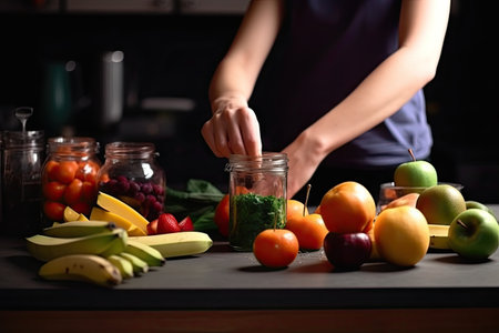 person, preparing smoothie with variety of fresh fruits and vegetables to boost nutrition, created with generative aiの素材