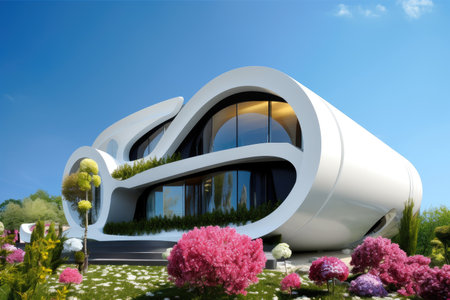 futuristic house surrounded by blooming garden and clear blue skies, created with generative aiの素材