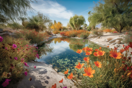 desert oasis in bloom, with colorful blooms and vibrant foliage, created with generative aiの素材