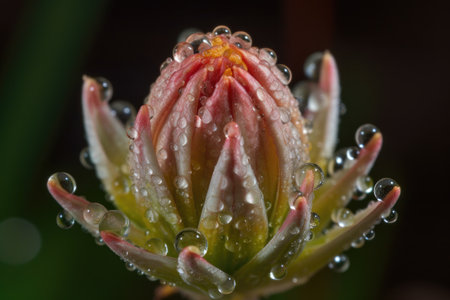 close-up of budding flower, with dewdrop on each petal, created with generative aiの素材