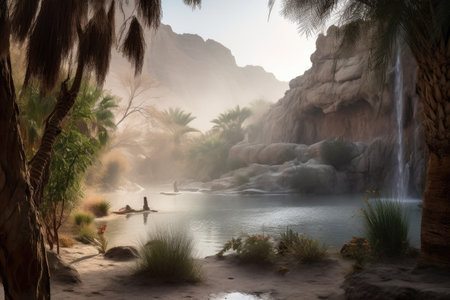 desert oasis with waterfall, surrounded by misty spray, created with generative aiの素材