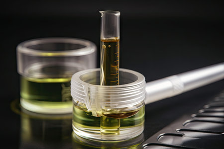 medical marijuana study, with close-up shot of a test tube and dropper, created with generative aiの素材