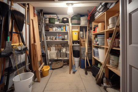 cleaning supplies closet, filled with mops, brooms and other tools for keeping house tidy, created with generative aiの素材