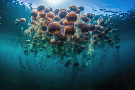 jellyfish swimming in the ocean, surrounded by schools of fish, created with generative aiの素材