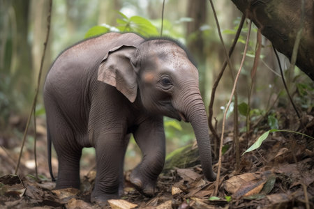 baby elephant, with its huge ears and wrinkly skin, exploring the jungle for the first time, created with generative aiの素材