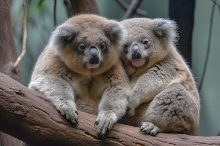 pair of koalas sitting together on a tree branch, their paws entwined, created with generative aiの素材