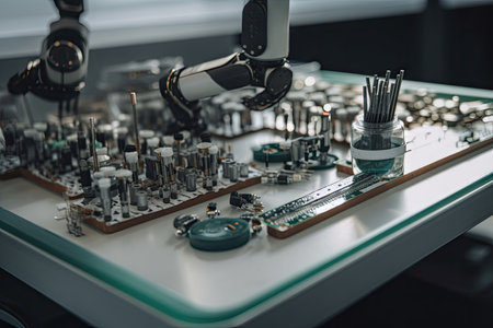 close-up of robot arm, with various tools and parts on the tray, created with generative aiの素材