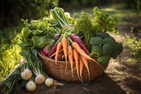 basket full of freshly harvested vegetables, ready to be taken to market, created with generative aiの素材