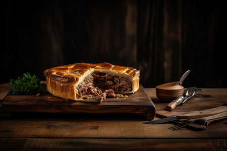 meat pie on rustic wooden plate with fork and knife, created with generative aiの素材