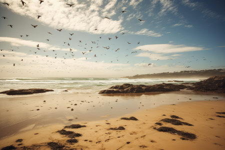 golden beach with flock of seagulls flying overhead, created with generative aiの素材