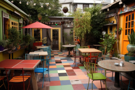 funky outdoor cafe, with eclectic mix of tables & chairs and contemporary decor, created with generative aiの素材