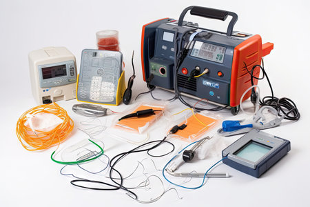 medical equipment, from syringe and needle to defibrillator and other lifesaving devices, created with generative aiの素材