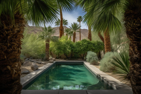 oasis pool surrounded by palm trees and desert views, created with generative aiの素材