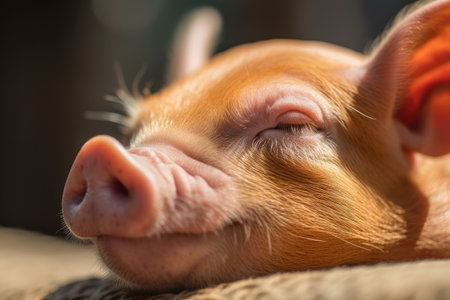 close-up of little piglets face with its eyes closed and snout peacefully resting, created with generative aiの素材