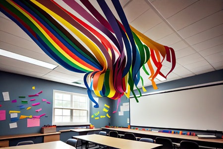 paper streamer in a school classroom, hanging from the ceiling, created with generative aiの素材
