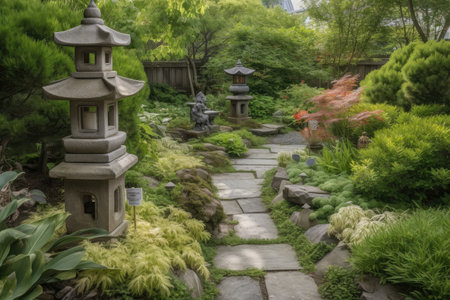peaceful pagoda garden with carefully placed stones, lanterns, and foliage, created with generative aiの素材