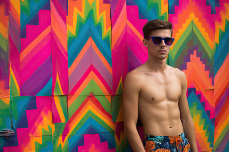 beachwear trendsetter wearing swimsuit with bold colors and print, created with generative aiの素材