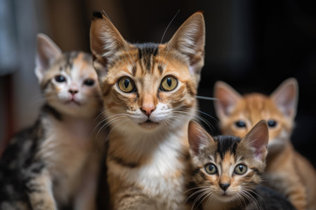 cat family, with the mother cat surrounded by her kittens, looking at the camera, created with generative aiの素材
