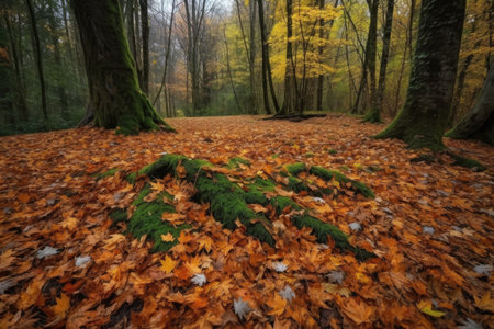 fallen leaves carpeting the ground in a forest setting, created with generative aiの素材