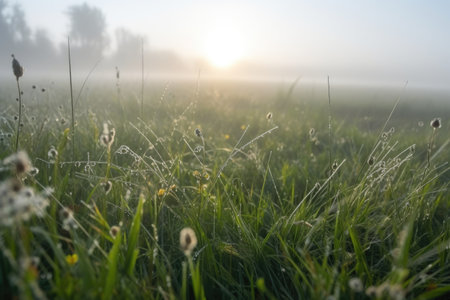 mist-covered meadow with dewdrop on the grass blade, created with generative aiの素材
