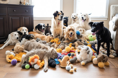 pile of dog toys in living room, with many dogs playing and running around, created with generative aiの素材