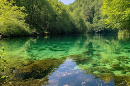 crystal-clear lake surrounded by lush greenery, with the perfect summer day, created with generative aiの素材