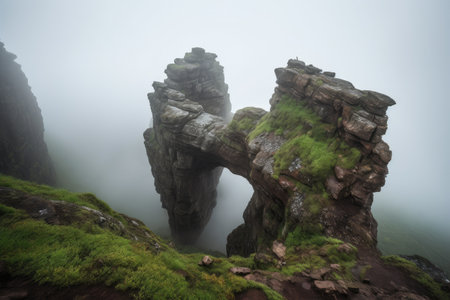 natural rock formation surrounded by swirling mist and fog, created with generative aiの素材