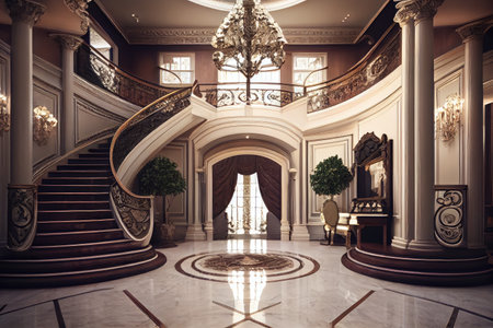 a grand entrance with sweeping staircase, chandeliers and marble floors, created with generative aiの素材