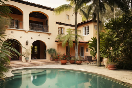mediteranean house exterior with pool, landscaping and palm trees, created with generative aiの素材