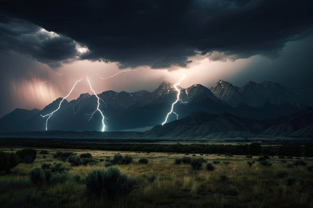 stormy sky with dark clouds and lightning, in the background a mountain range, created with generative aiの素材