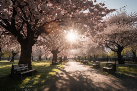 cherry blossom bloom in an empty park, with the sun shining through, created with generative aiの素材