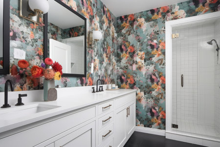 floral wallpaper in a modern bathroom, created with generative aiの素材