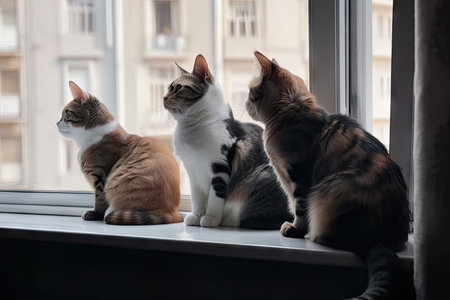 several cats sitting on windowsill, watching the outside world, created with generative aiの素材