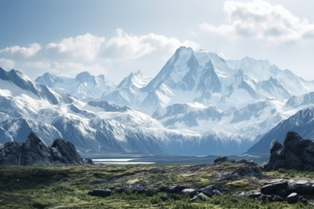 majestic mountain landscape with snow-covered peaks and glaciers in the background, created with generative aiの素材